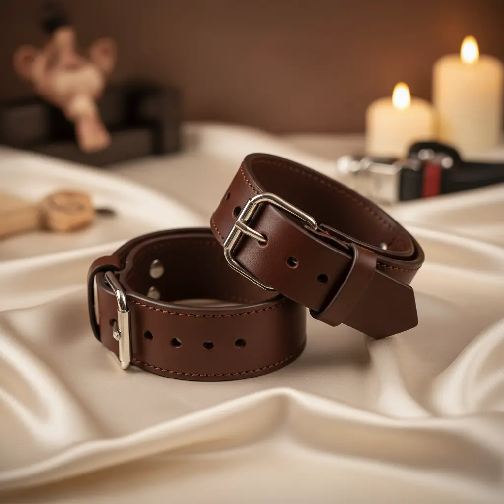 A pair of high-quality BDSM toys: beginner-friendly leather restraints.