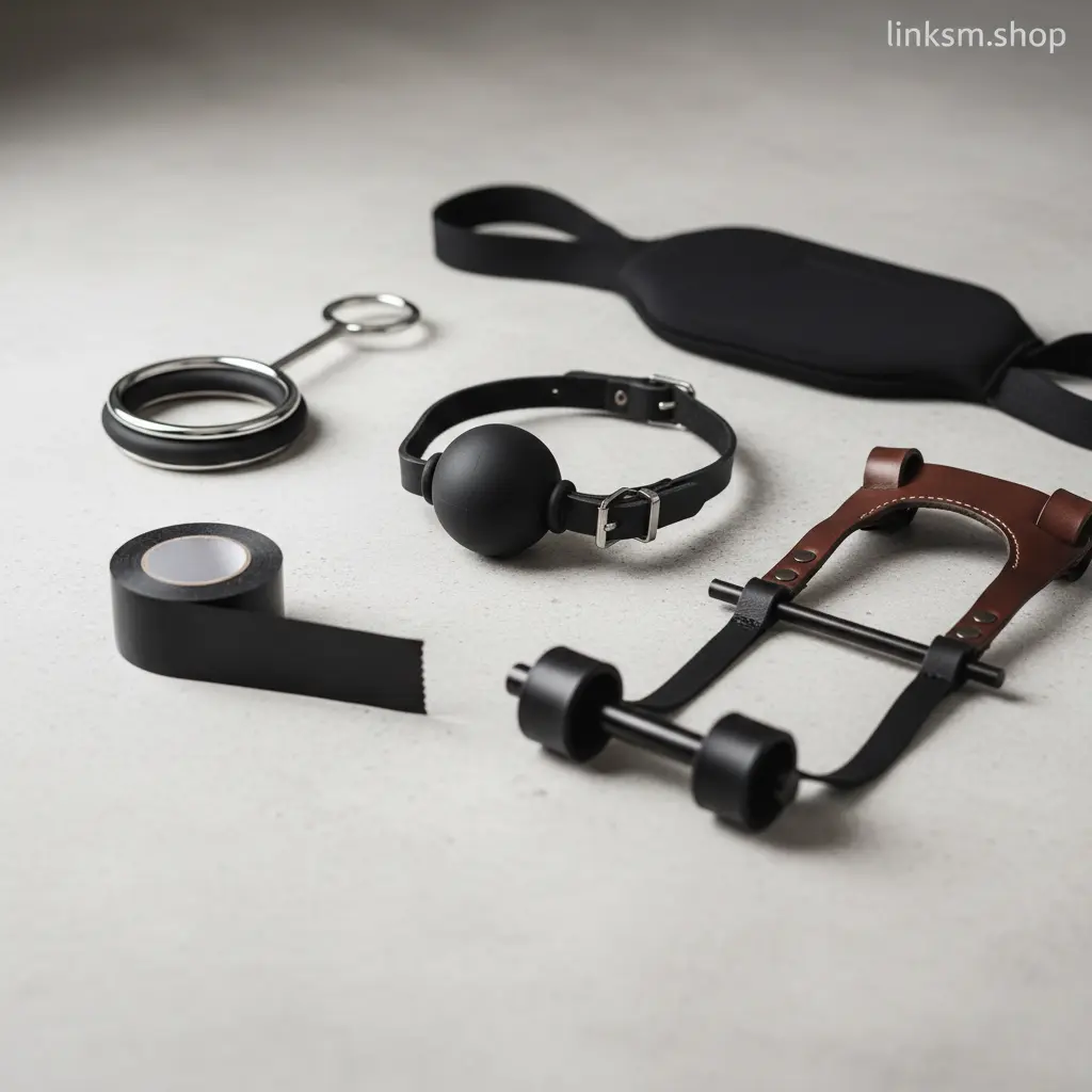 A stylised collection of different types of BDSM gag, including a ball gag and a bit gag, arranged on a neutral surface.