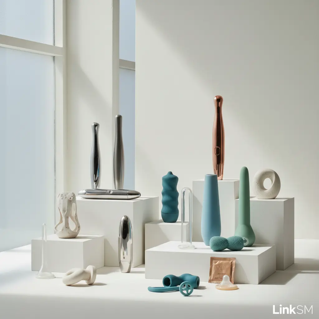 A colourful collection of high-quality sex toys, including vibrators and dildos, arranged neatly on a surface.