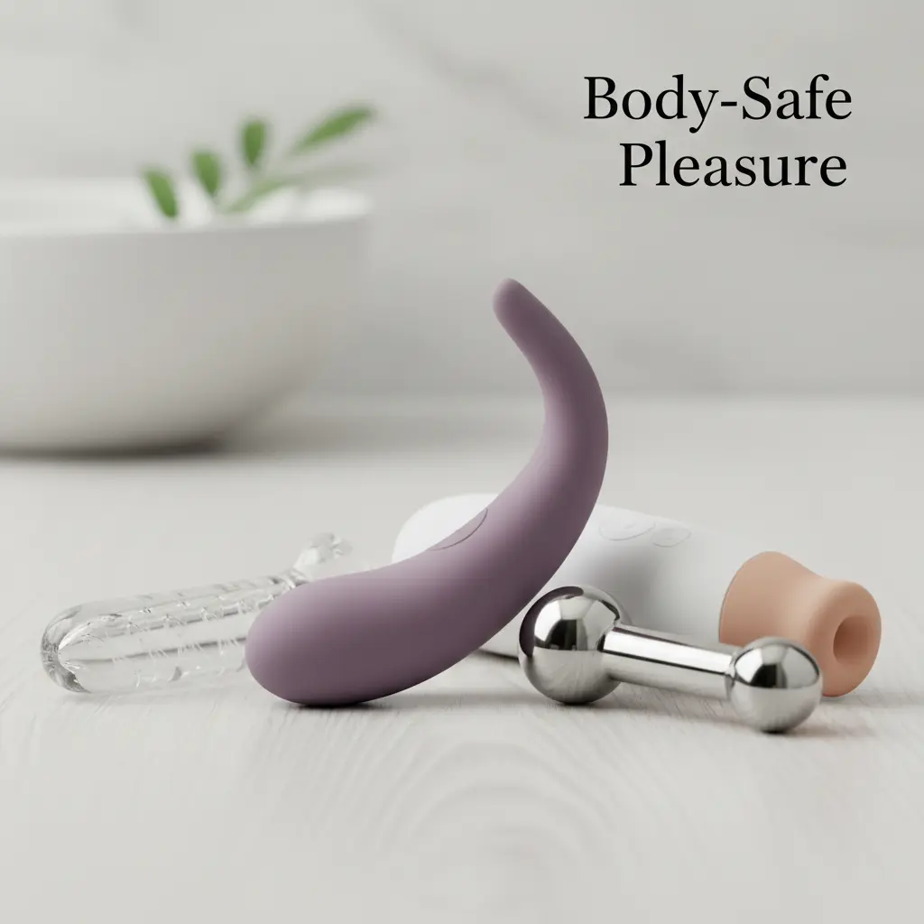  A collection of body-safe sex toys emphasizing material safety.