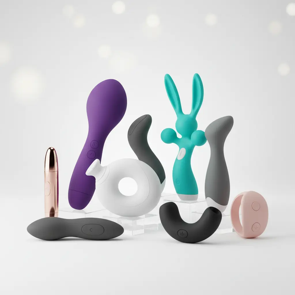 A collection of different types of modern vibrator on a clean, bright background.