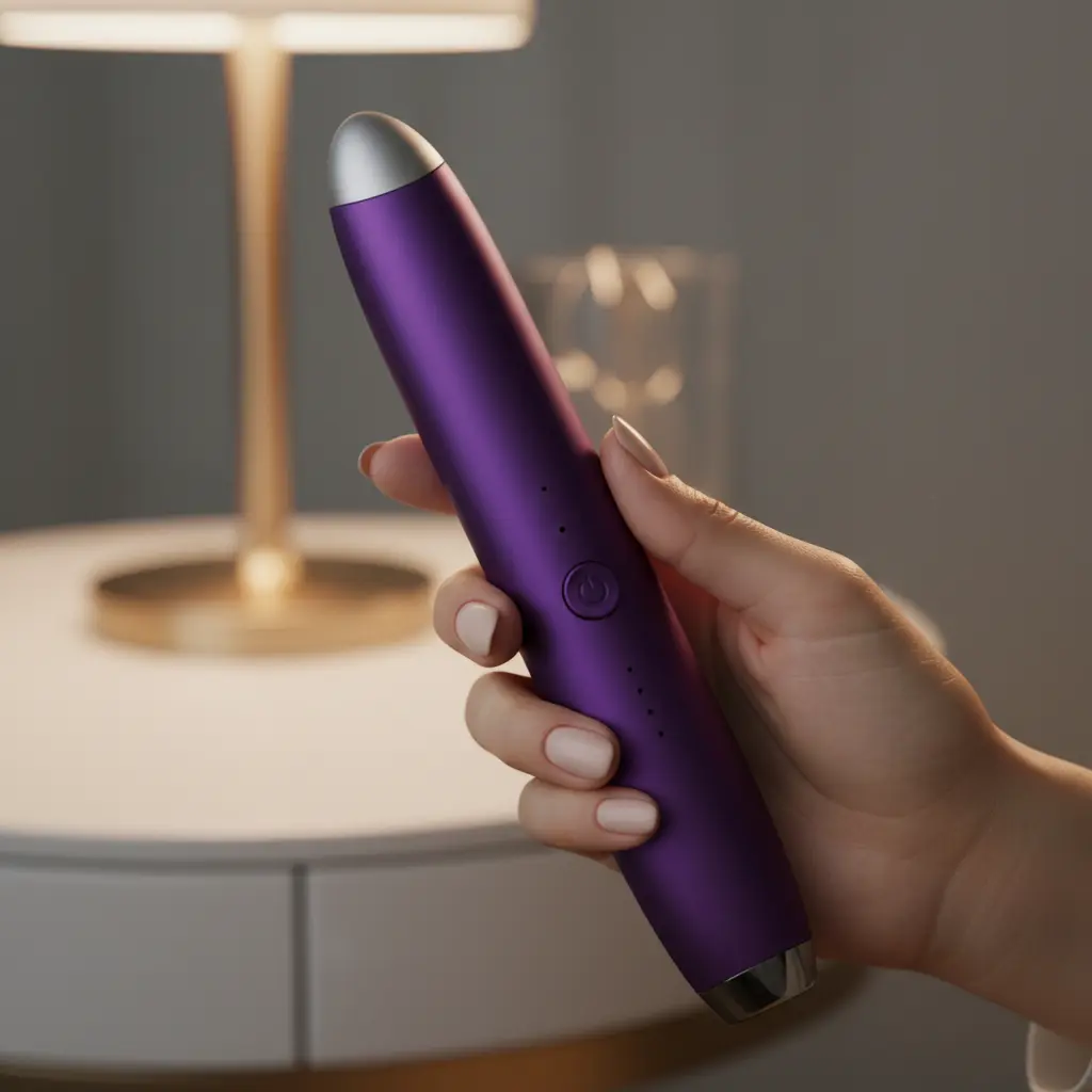 Close-up of a hand holding a body-safe silicone vibrator, highlighting the soft material.