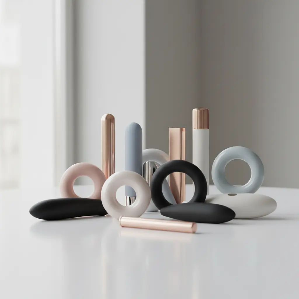  A collection of stylish and modern adult toys arranged artistically on a clean surface.