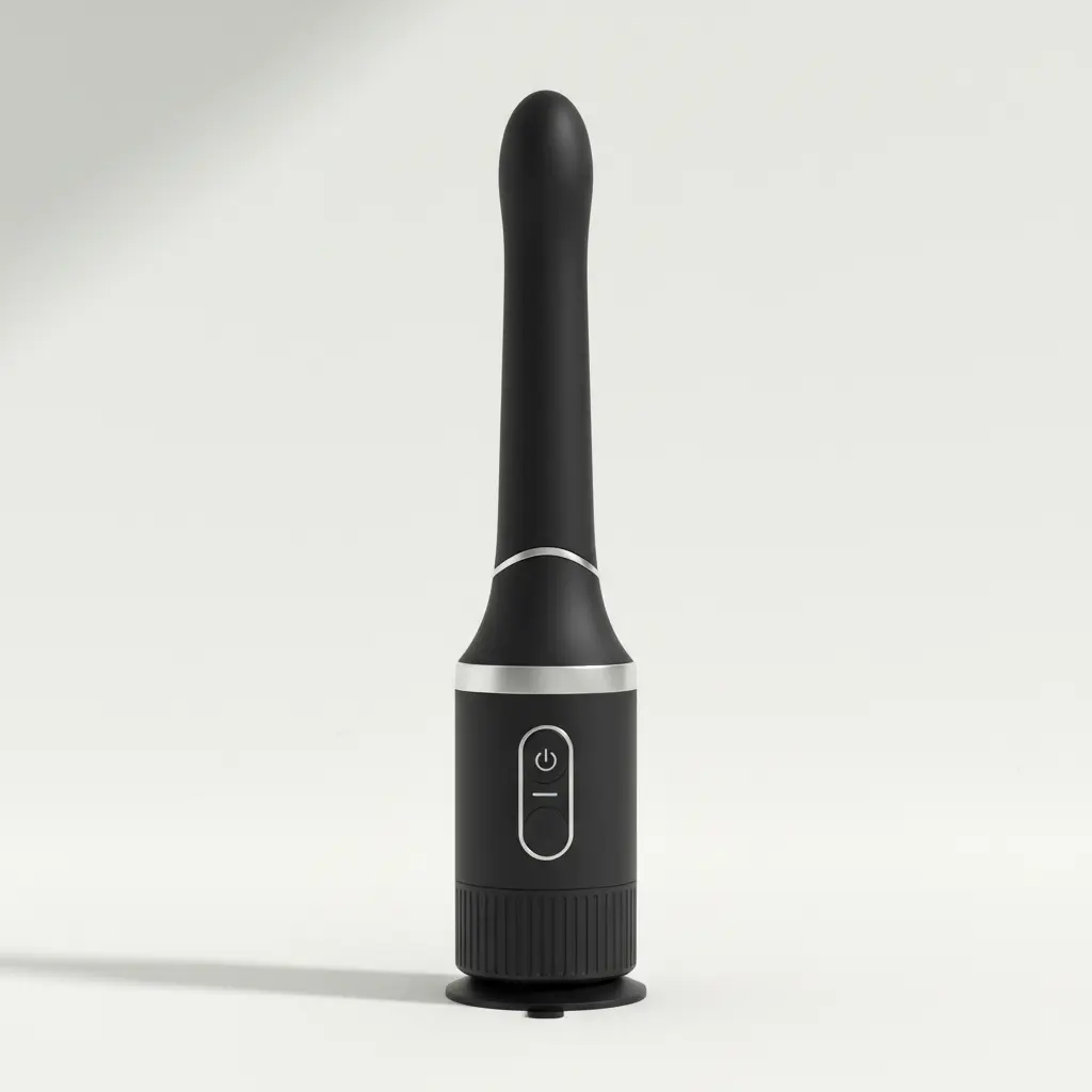 A modern, black silicone thrusting dildo with a strong suction cup base.