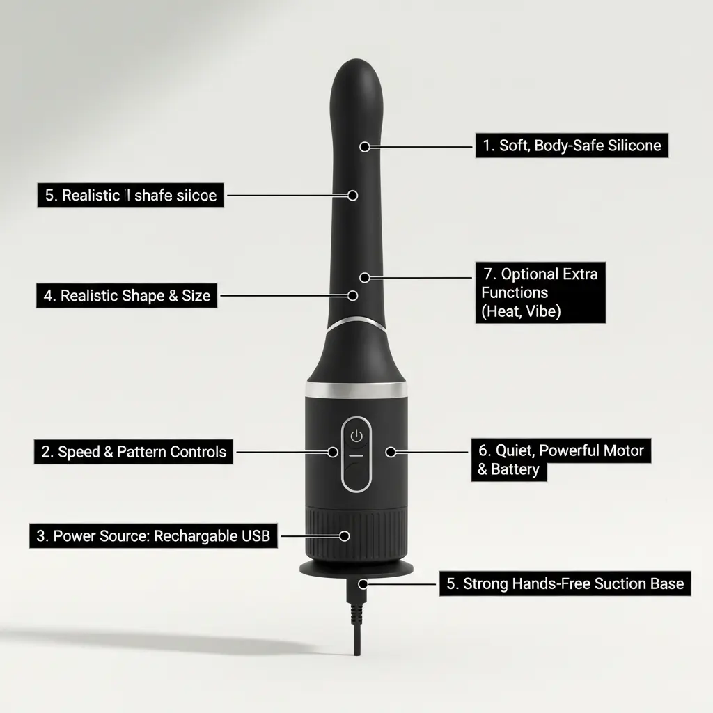  An infographic explaining the key features of a modern thrusting dildo.