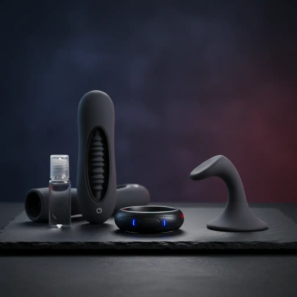 A collection of the best sex toys for men in the UK, including a cock ring and masturbator.