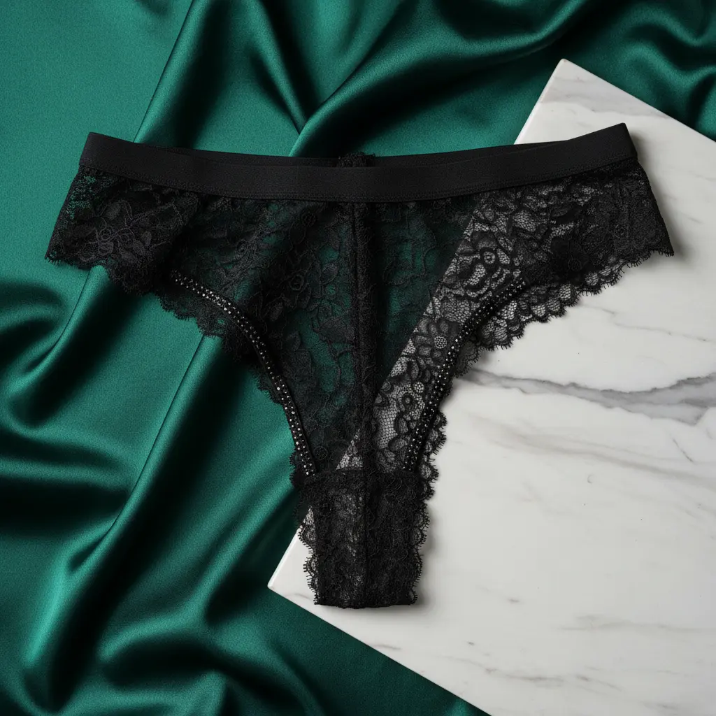 A beautiful pair of black lace crotchless panties from a sexy lingerie collection.