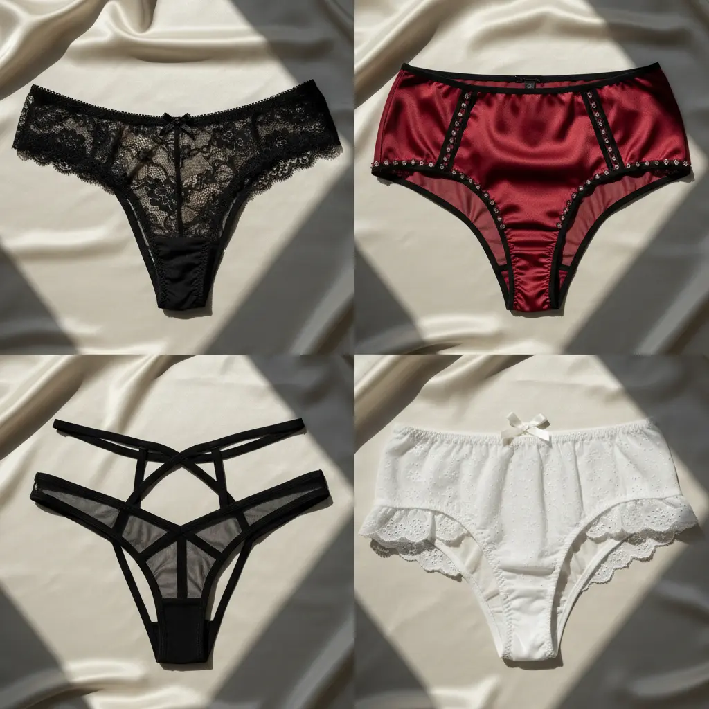 A collage showing different styles of crotchless panties, including thongs and briefs.