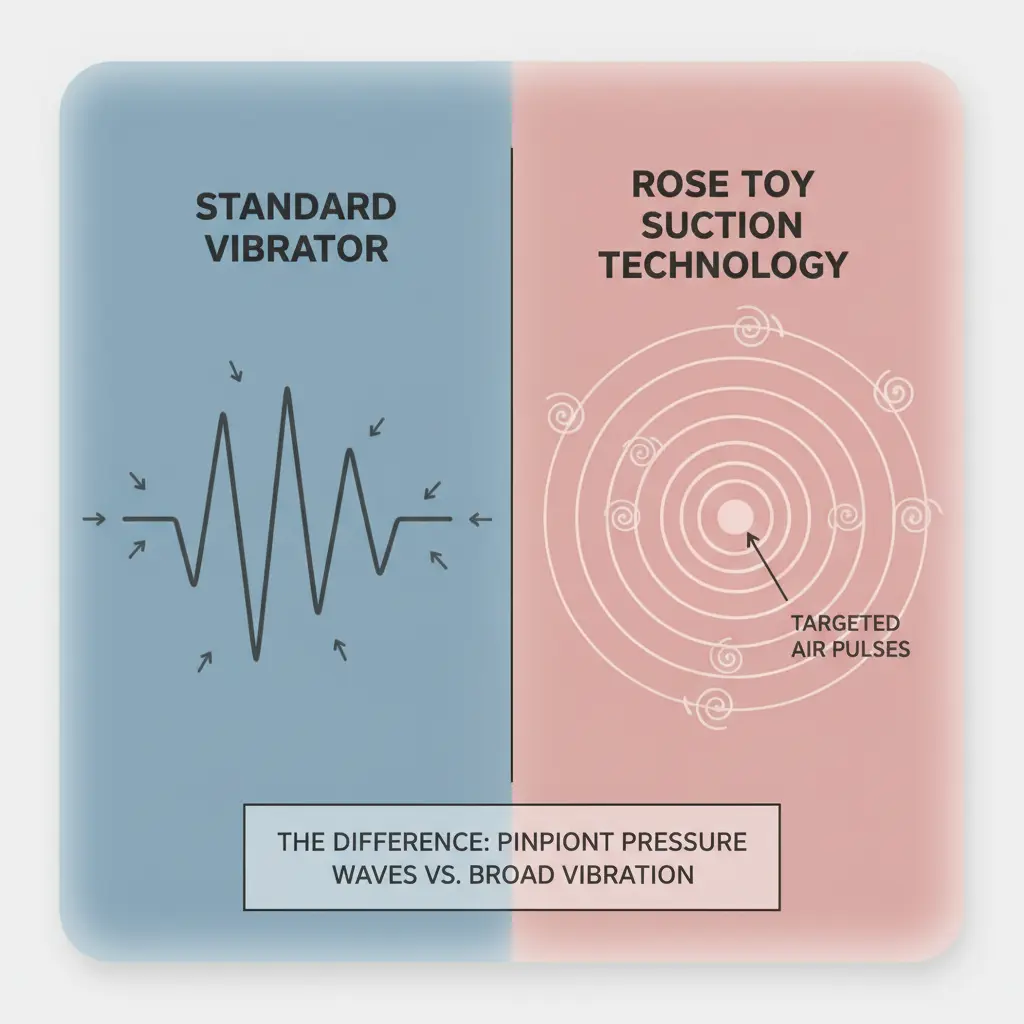 A diagram showing how the rose toy's clitoral suction technology works compared to a standard vibrator.