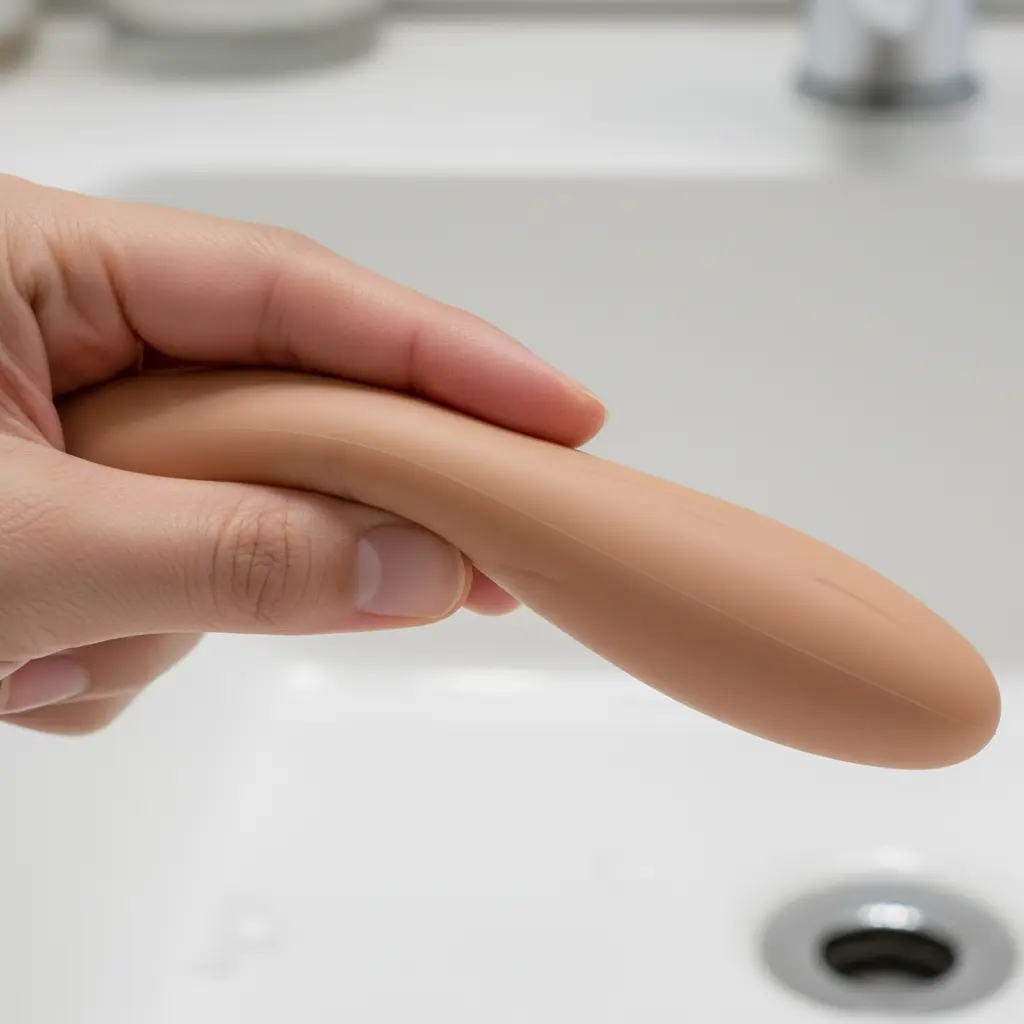 A hand gently bending a soft silicone realistic dildo to show its flexibility and body-safe material.