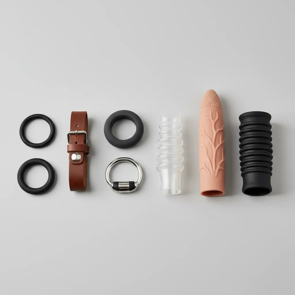  A collection of silicone and metal cock rings and cock sleeves, illustrating the key differences for our guide on cock sleeve vs cock ring.