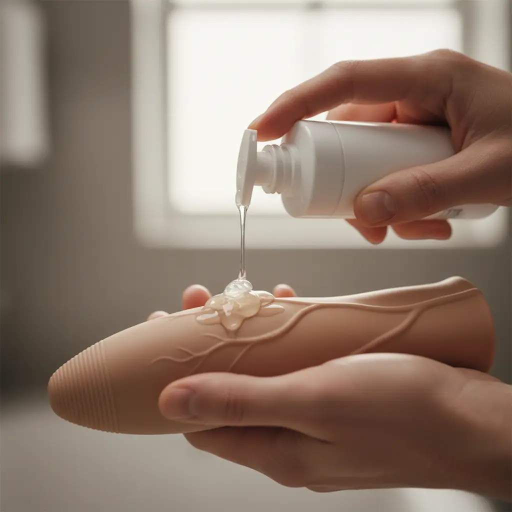 A close-up showing water-based lubricant being applied to a silicone cock sleeve, an important step before use.