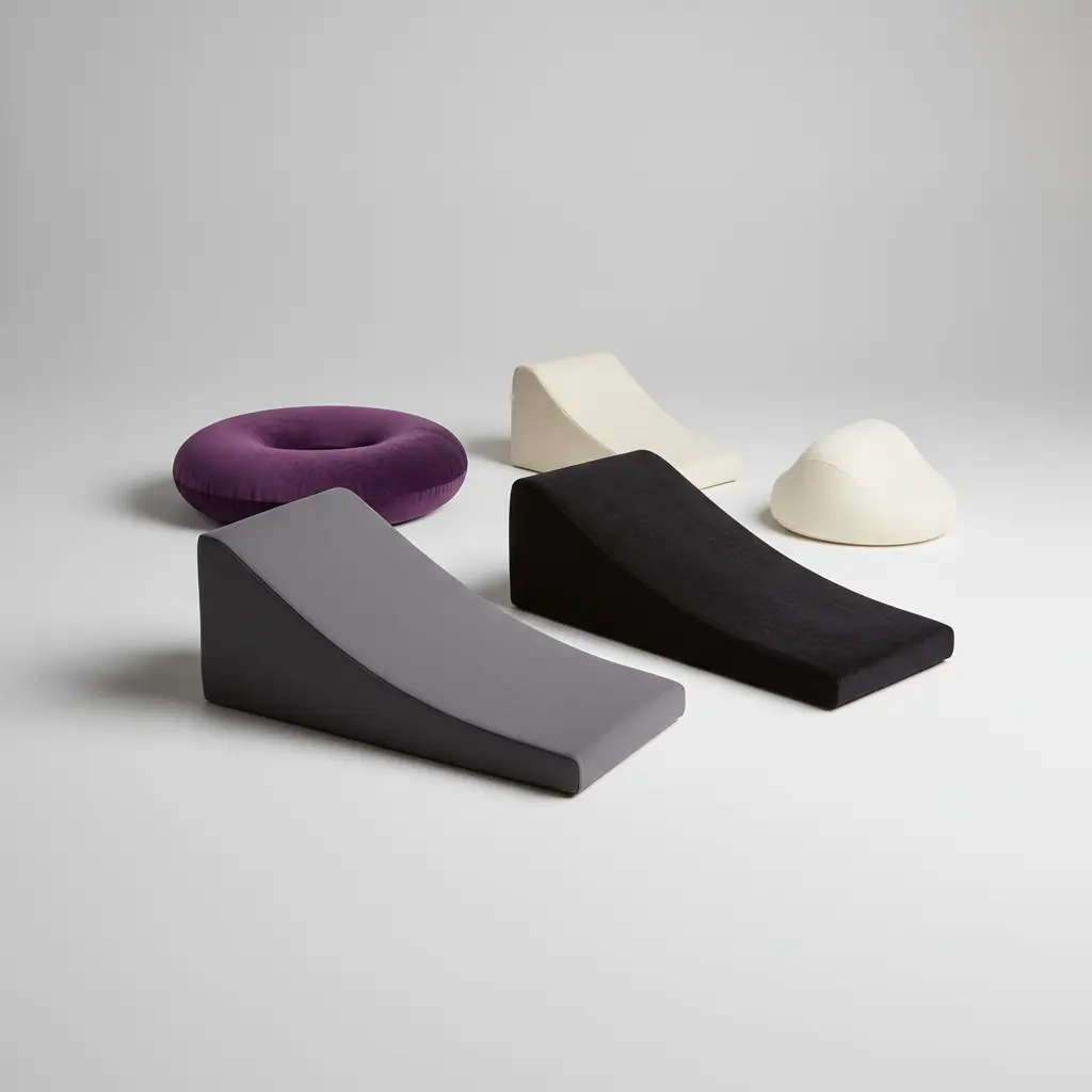 A collection of different types of sex pillows and wedges, illustrating the answer to 'what is a sex pillow' with varied ergonomic shapes.