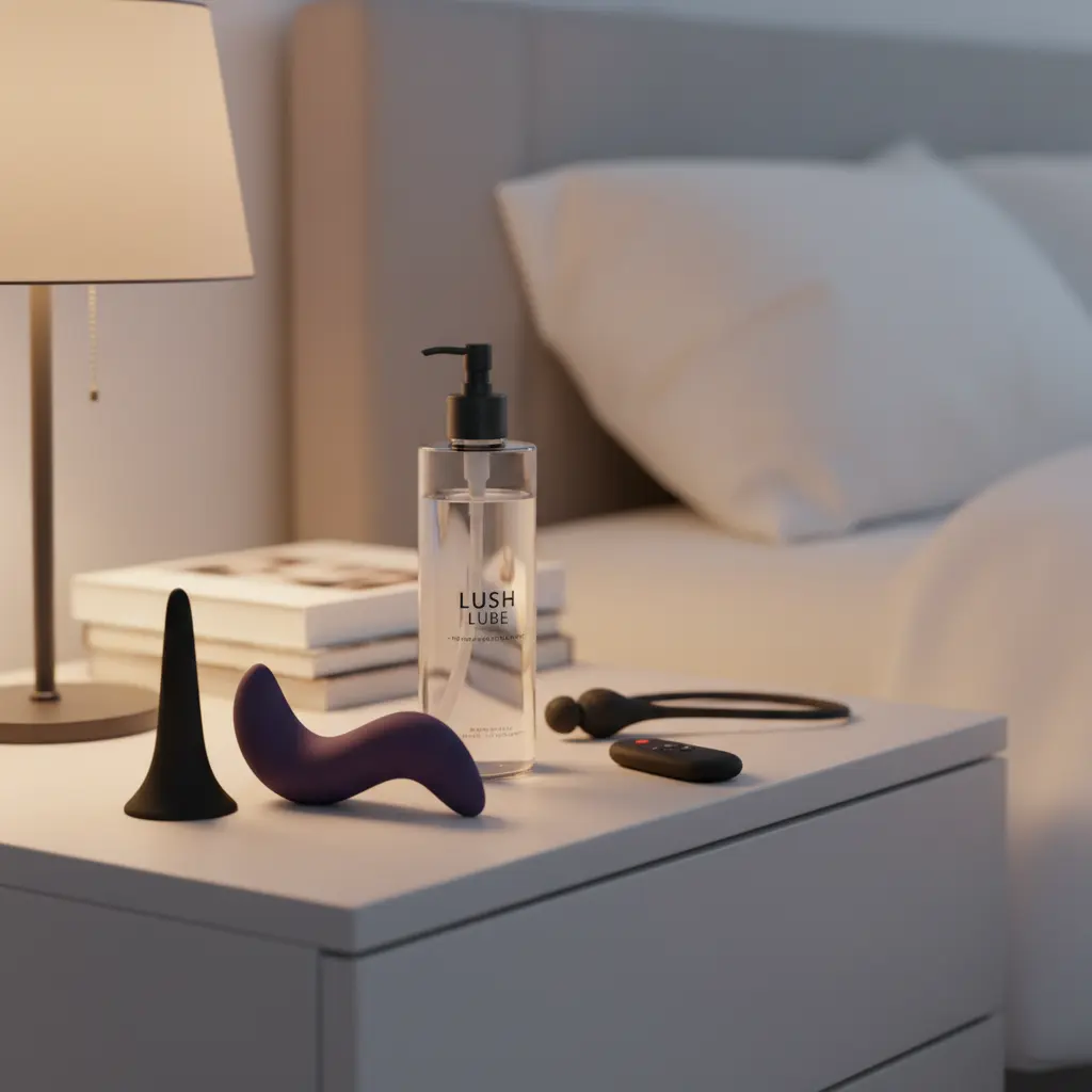 A silicone anal vibrator and a bottle of water-based lube on a nightstand, showing the essential items for safe and pleasurable anal play.