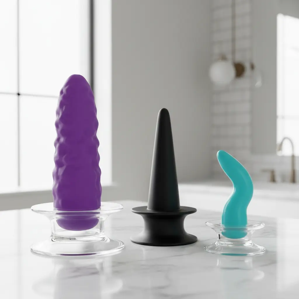  A collection of high-quality silicone suction cup dildo toys, showcasing different sizes and their strong, wide suction cup bases.