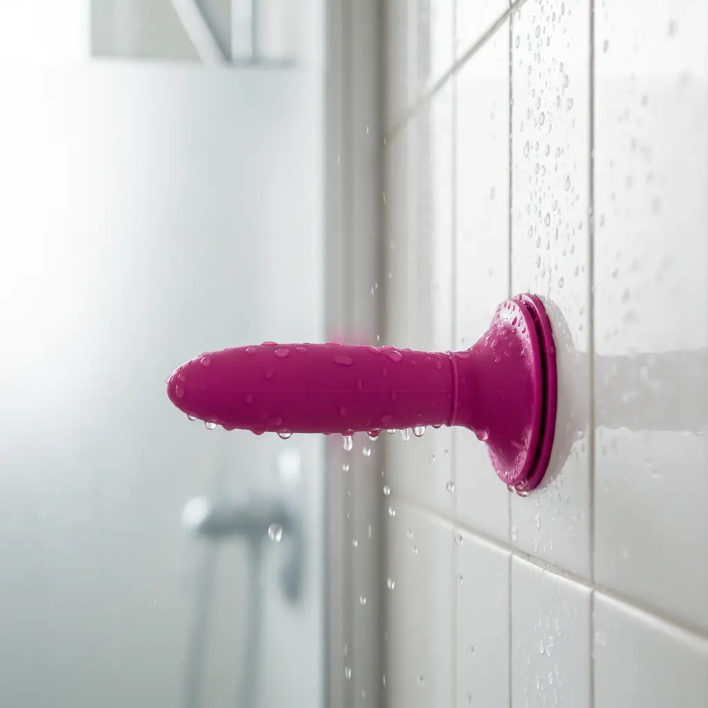 A vibrant suction cup dildo firmly attached to a clean shower wall, illustrating one of the best surfaces for hands-free fun.