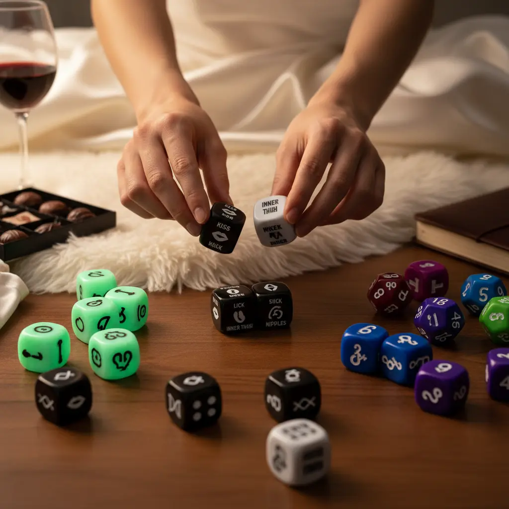 A pair of hands rolling a set of sex dice onto a bed, ready to play a fun erotic game to spice up their sex life.