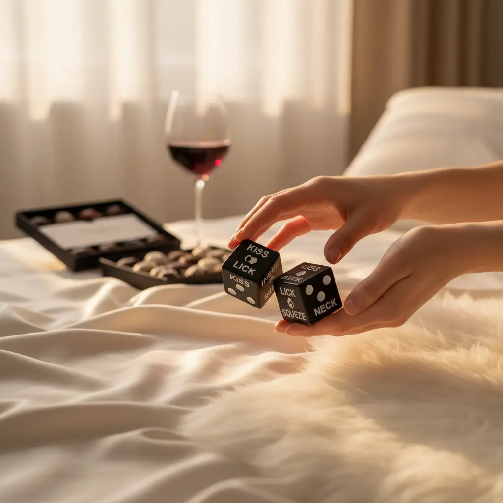 A close-up product shot of a variety of sex dice, including glow-in-the-dark and multi-sided options for couples.