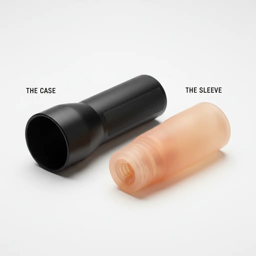 An image showing what is a Fleshlight by displaying its hard outer case and the realistic inner sleeve.