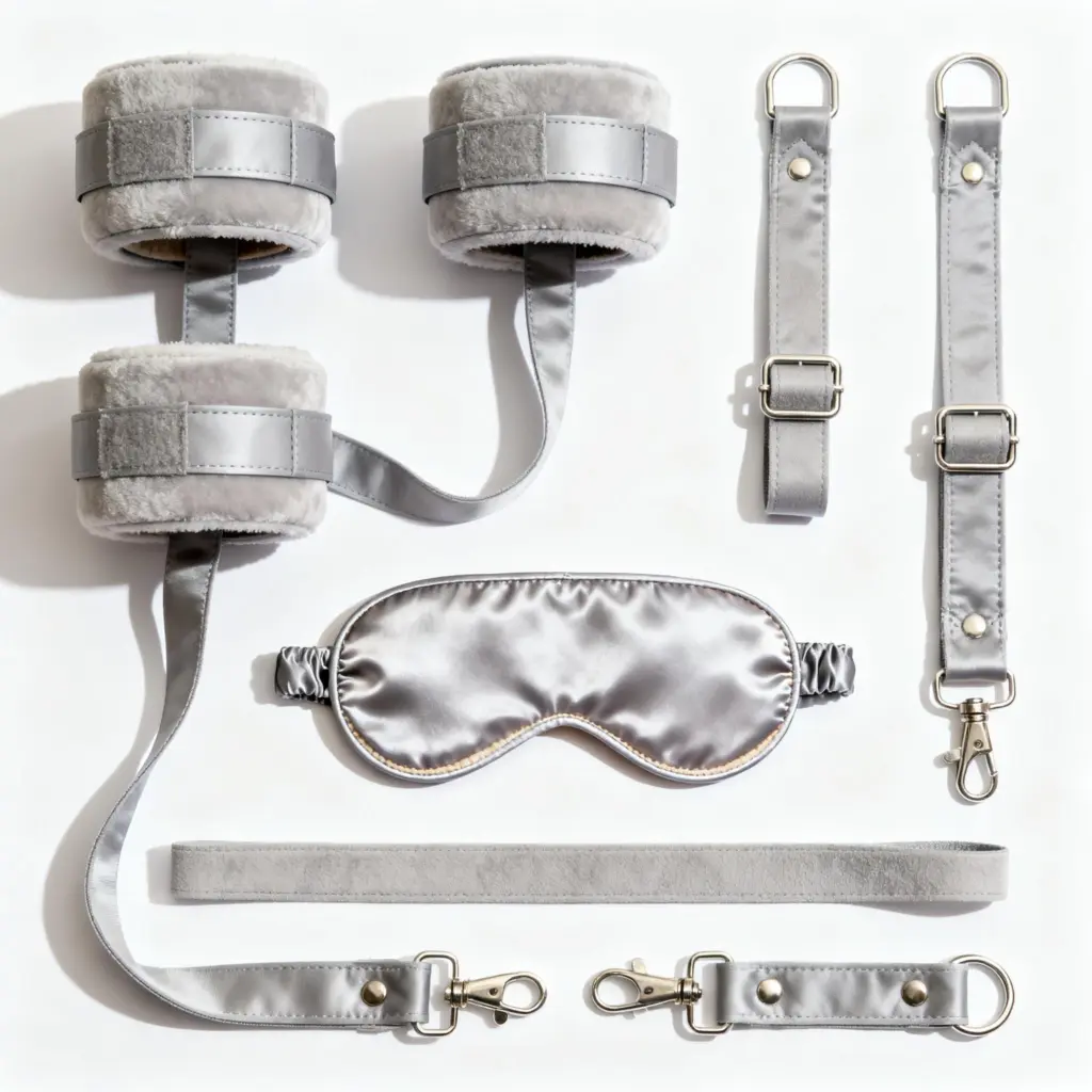A collection of beginner-friendly BDSM gear from linksm.shop laid out neatly, including soft restraints and a blindfold.